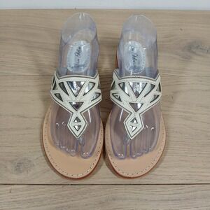 Sam Edelman Sandals Women 8 White Leather Thong Flat Geometric Strap Summer